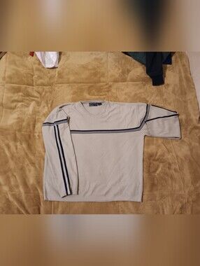 Point Zero Cream V-Neck Sweater with Navy Stripe Accents